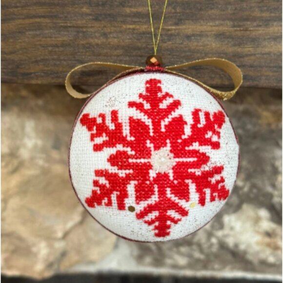 Handmade Christmas Ornament with Red Cross-Stitch Snowflake – Holiday Tree Decor - Picture 2 of 6